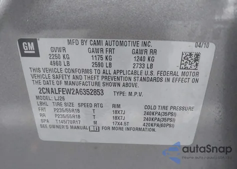 2010 Chevrolet Equinox Ltz из США, поврежденный, VIN 2CNALFEW2A6352853